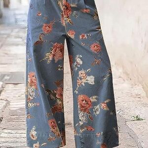 loveimgs Women Mid Rise Cropped Wide Leg Jeans Baggy Floral Ankle Pants Denim